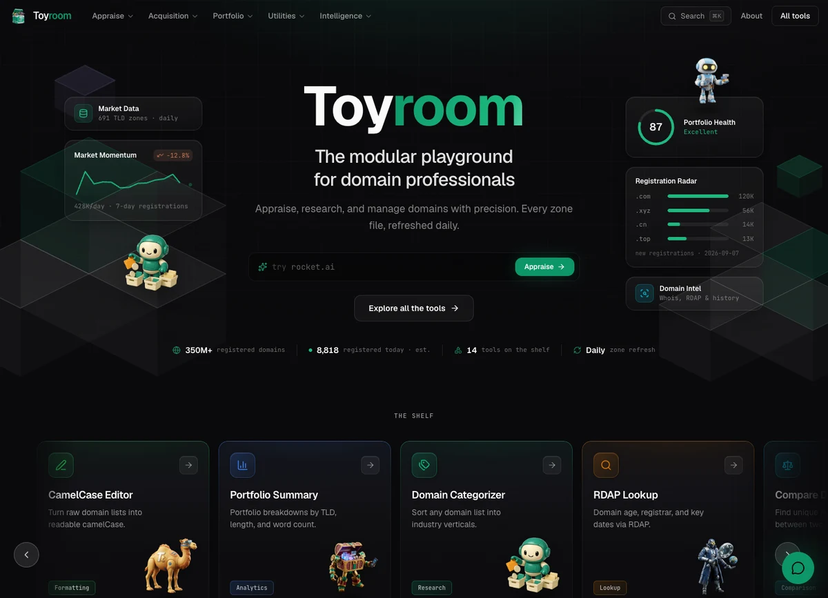 ToyRoom's domain research, appraisal, and portfolio tools